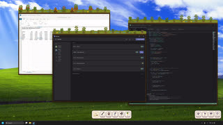 Gardens on a spreadsheet, a chat app and a code editor over a green hillside wallpaper.