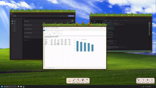 Crops ripening above a chat app, a spreadsheet chart and a code editor.